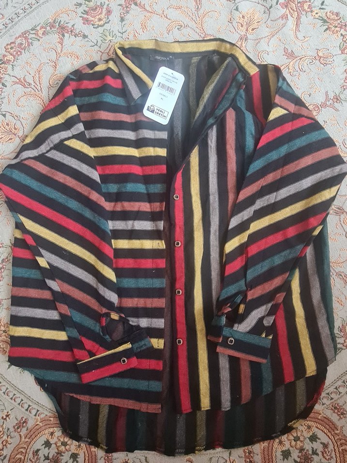 Çok Renkli Uzun Kollu Düğmeli Kadın Gömlek - Görsel 3