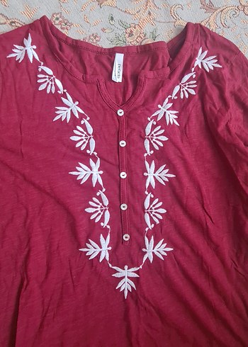 Bordo Nakışlı V Yaka Uzun Kollu Bluz - Görsel 2