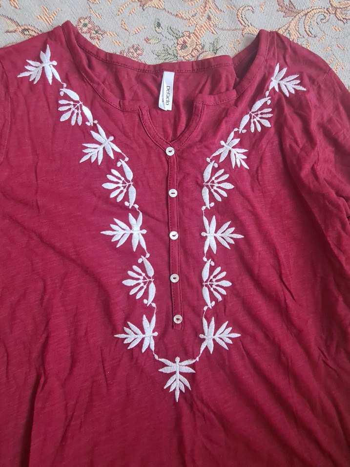 Bordo Nakışlı V Yaka Uzun Kollu Bluz - Görsel 2