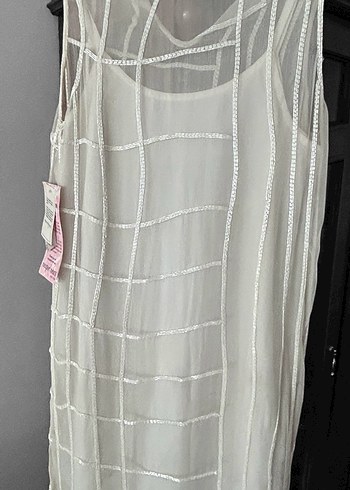 Kalın askılı , midi boy payetli abiye Beyaz Elbise - Görsel 7