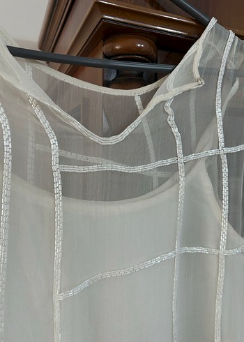 Kalın askılı , midi boy payetli abiye Beyaz Elbise - Görsel 4