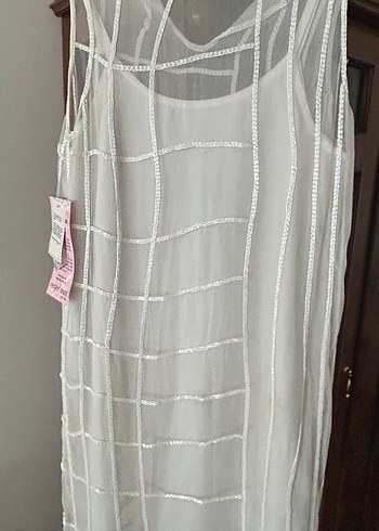 Kalın askılı , midi boy payetli abiye Beyaz Elbise - Görsel 2