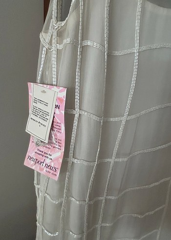 Kalın askılı , midi boy payetli abiye Beyaz Elbise - Görsel 5