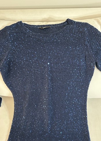 Hafif simli Mavi Kadın Triko Kazak - Görsel 2