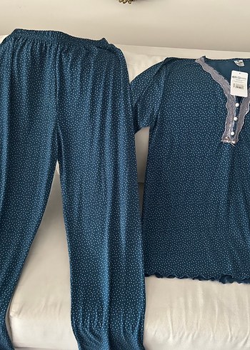 Mavi, dantelli büyük beden pijama takım - Görsel 6