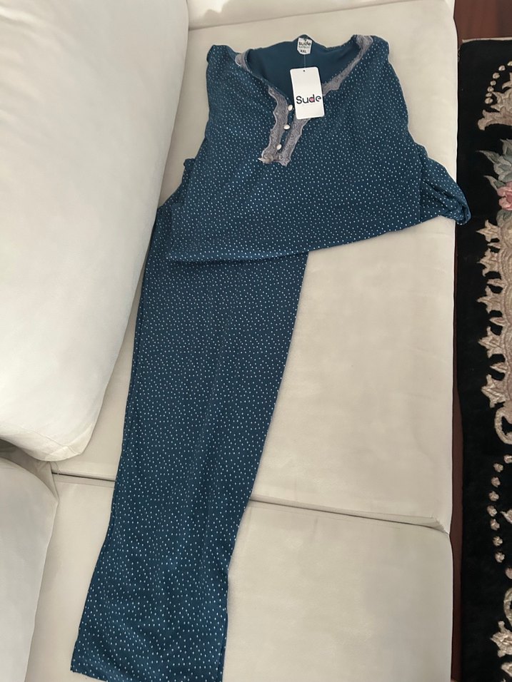 Mavi, dantelli büyük beden pijama takım - Görsel 5