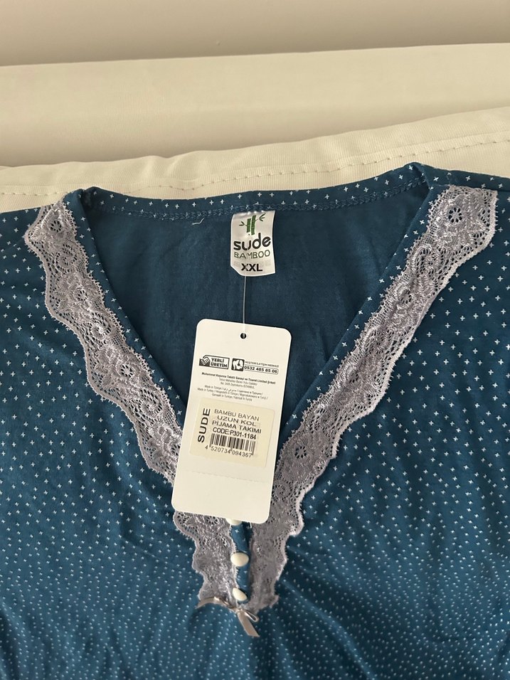 Mavi, dantelli büyük beden pijama takım - Görsel 3