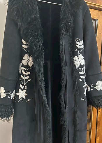 Siyah Nakışlı Fransız Rene Derhy marka Süet UzunKadın manto - Görsel 2