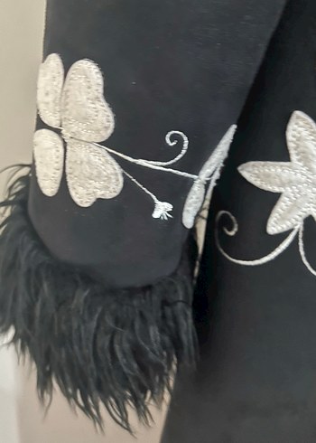 Siyah Nakışlı Fransız Rene Derhy marka Süet UzunKadın manto - Görsel 5