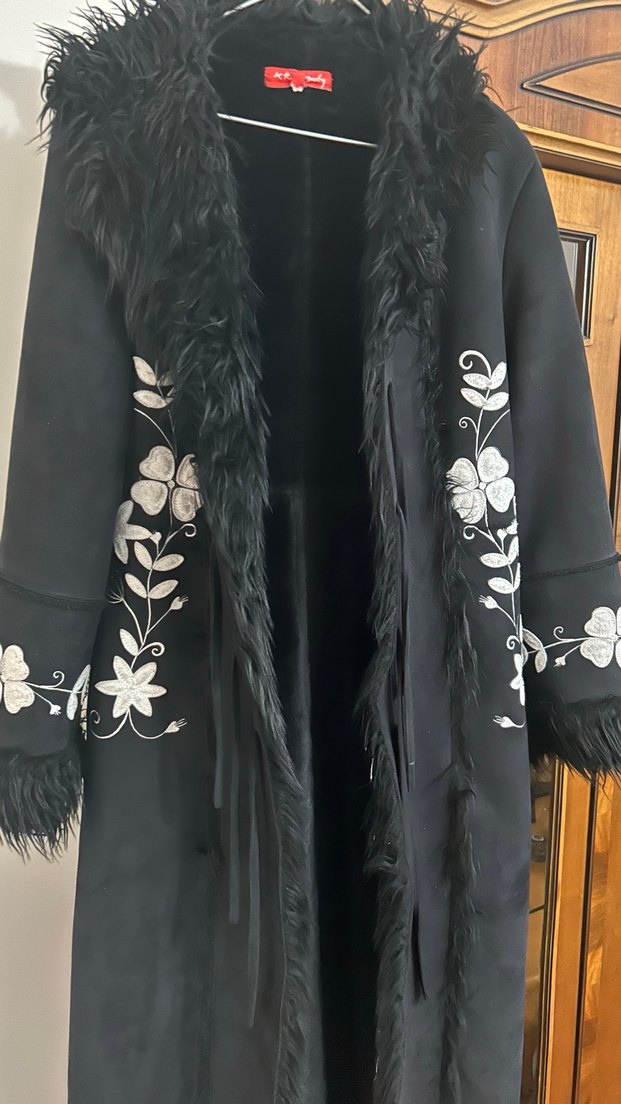 Siyah Nakışlı Fransız Rene Derhy marka Süet UzunKadın manto - Görsel 2