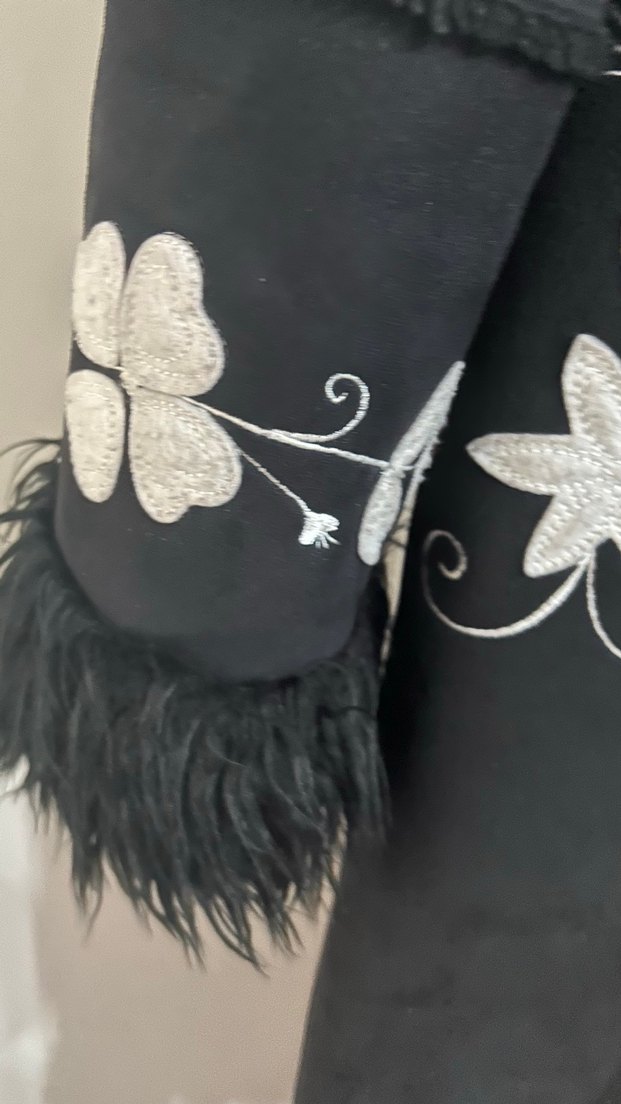 Siyah Nakışlı Fransız Rene Derhy marka Süet UzunKadın manto - Görsel 5