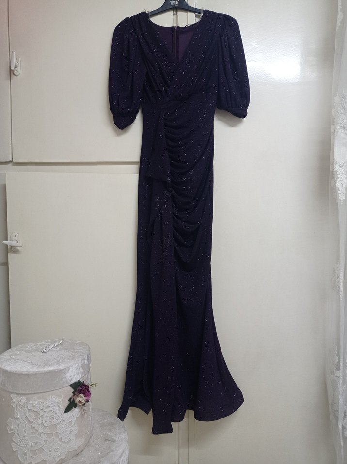 Koyu Mor Drapeli Uzun Abiye Elbise - Görsel 4