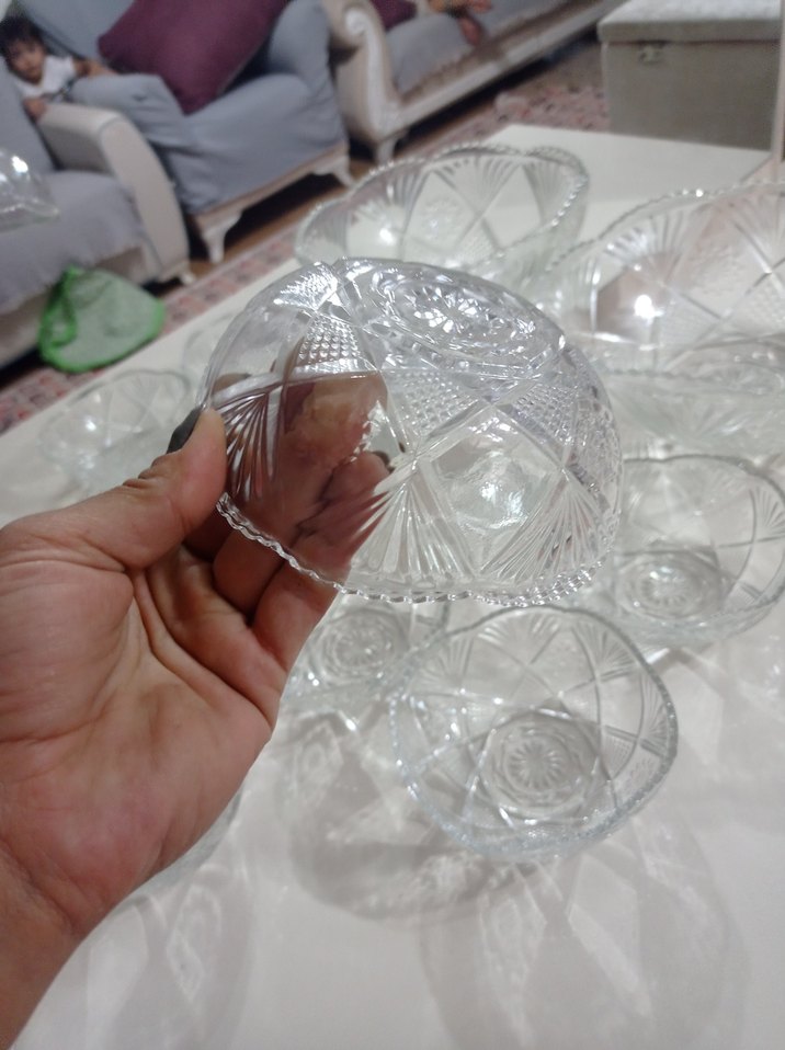 Soyut desenli  kristal beyaz cam kase seti - Görsel 3