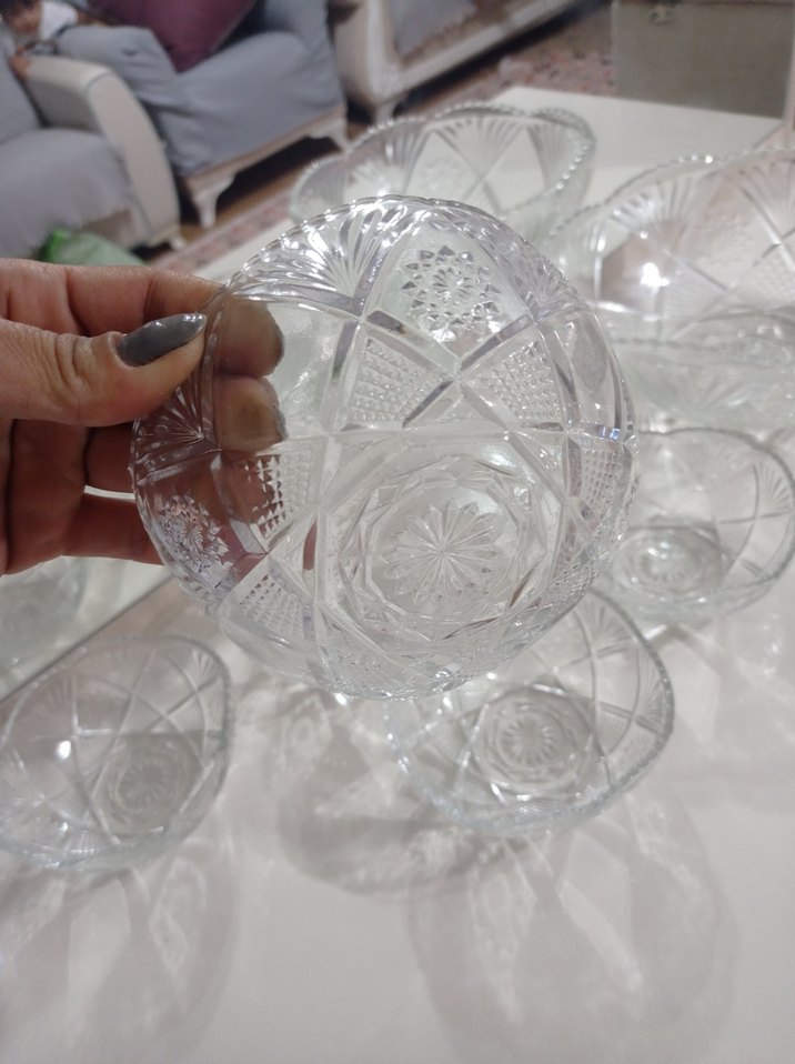 Soyut desenli  kristal beyaz cam kase seti - Görsel 4