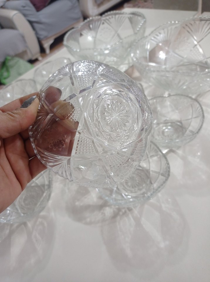 Soyut desenli  kristal beyaz cam kase seti - Görsel 2