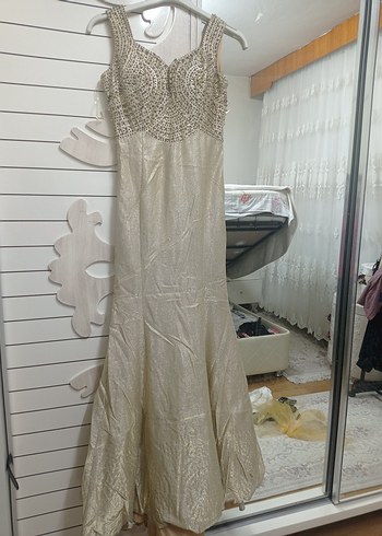 Beyaz Payetli Midi Gece Elbisesi - Görsel 9