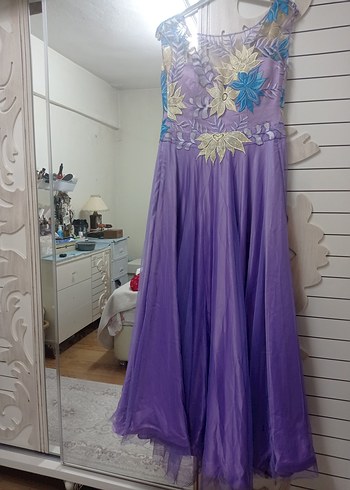 Nakışlı Bohem Uzun Mor Abiye Elbise - Görsel 8