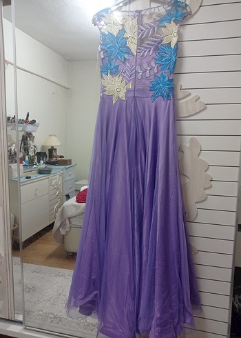 Nakışlı Bohem Uzun Mor Abiye Elbise - Görsel 7