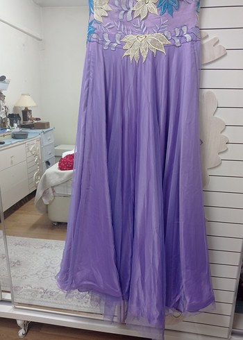 Nakışlı Bohem Uzun Mor Abiye Elbise - Görsel 5