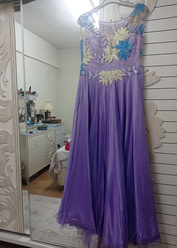 Nakışlı Bohem Uzun Mor Abiye Elbise - Görsel 9