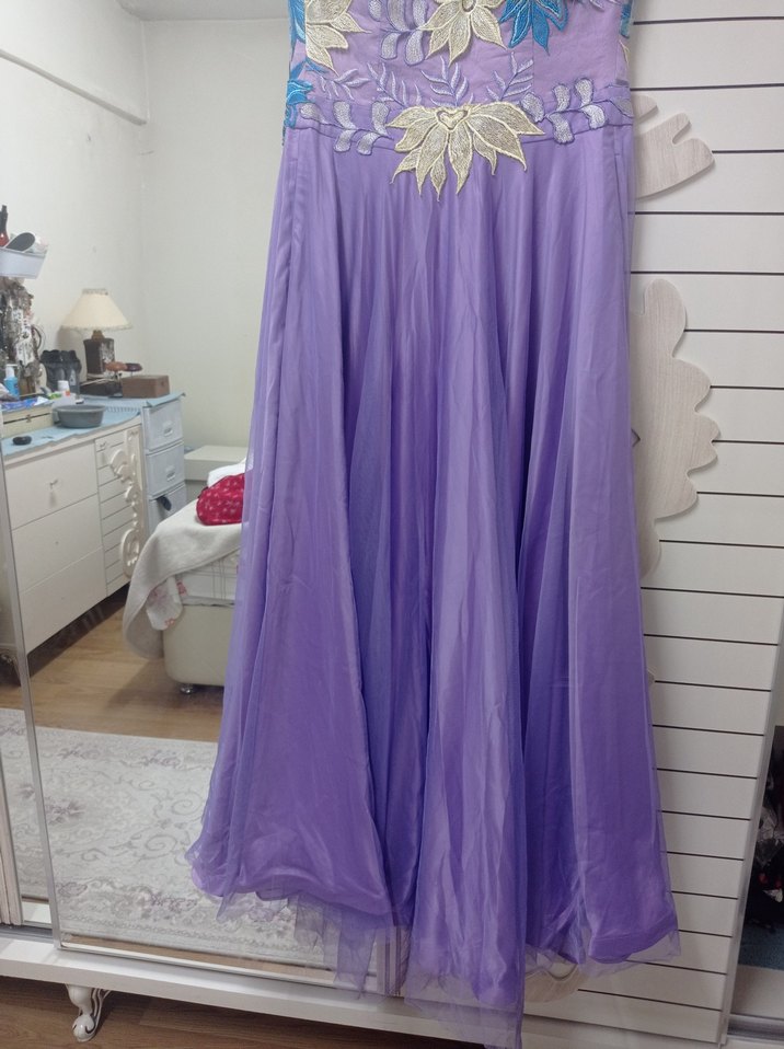 Nakışlı Bohem Uzun Mor Abiye Elbise - Görsel 5