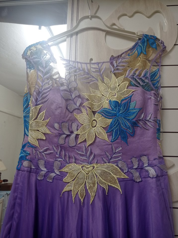 Nakışlı Bohem Uzun Mor Abiye Elbise - Görsel 2