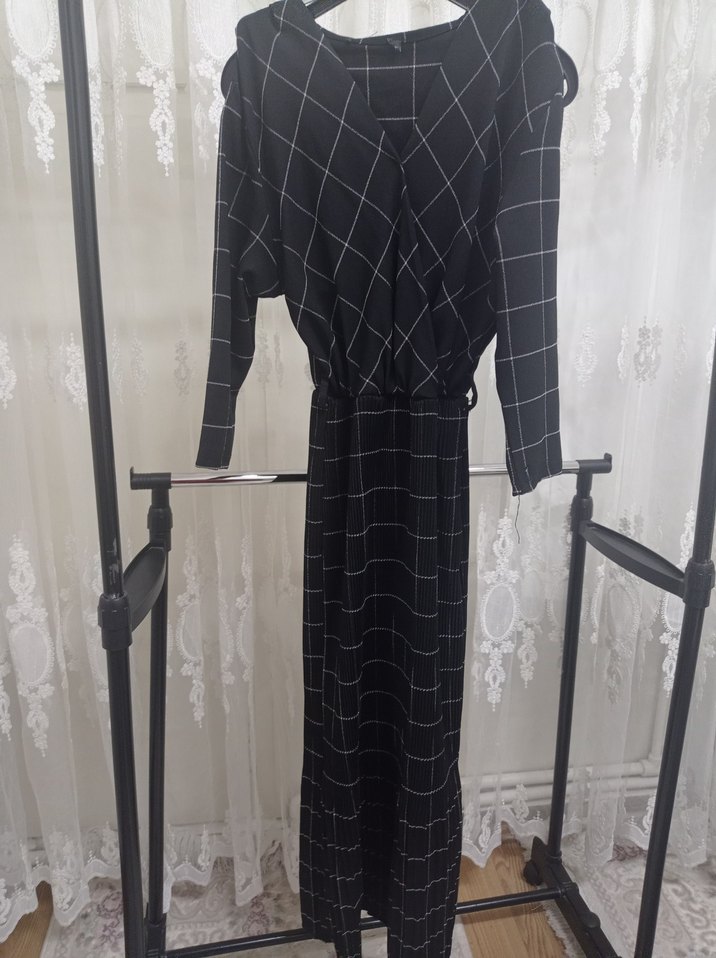 Siyah Kareli midi Elbise - Görsel 2