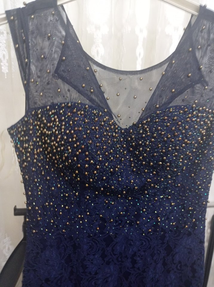 Payetli V Yakalı Uzun Lacivert Abiye Elbise - Görsel 3