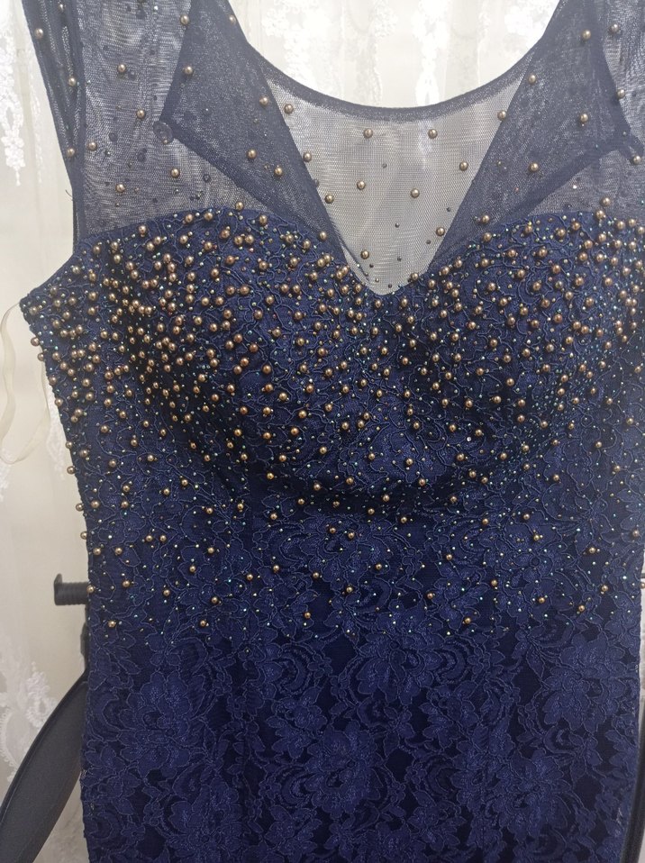 Payetli V Yakalı Uzun Lacivert Abiye Elbise - Görsel 4