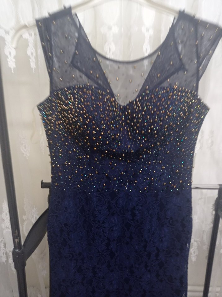 Payetli V Yakalı Uzun Lacivert Abiye Elbise - Görsel 2