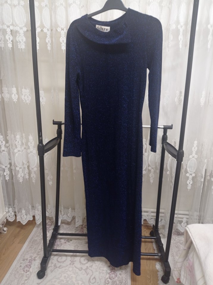 Uzun Kollu Lacivert Drapeli Uzun Elbise - Görsel 2