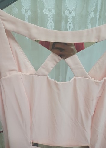 Pudra Pembe Uzun Askılı V Yaka Elbise - Görsel 5