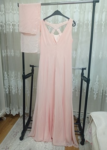 Pudra Pembe Uzun Askılı V Yaka Elbise - Görsel 8