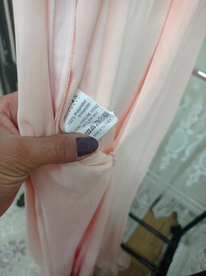 Pudra Pembe Uzun Askılı V Yaka Elbise - Görsel 4