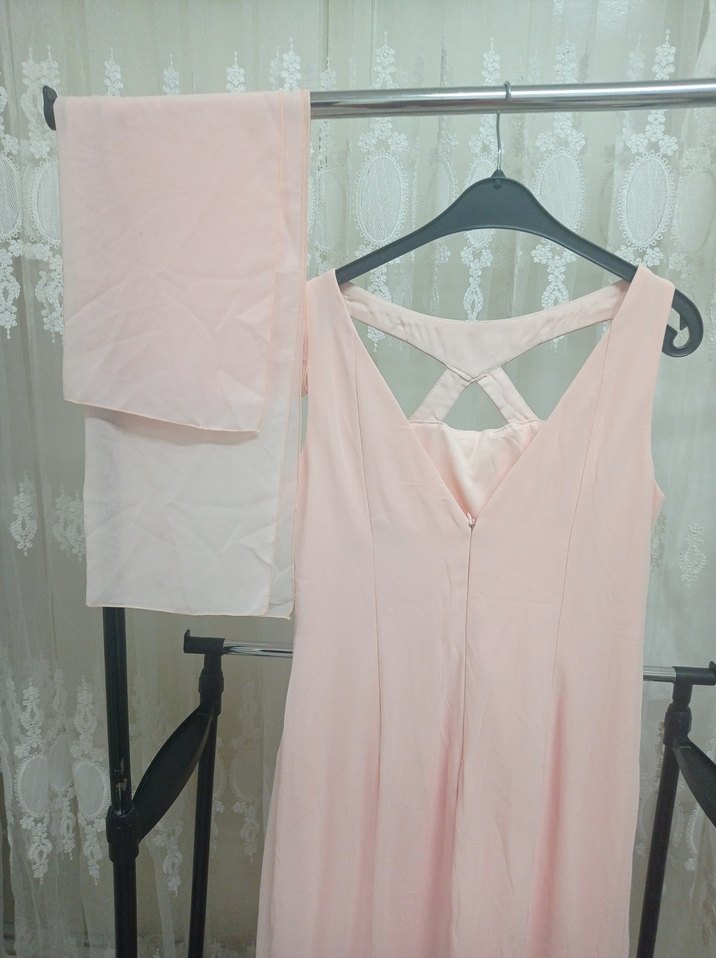 Pudra Pembe Uzun Askılı V Yaka Elbise - Görsel 2