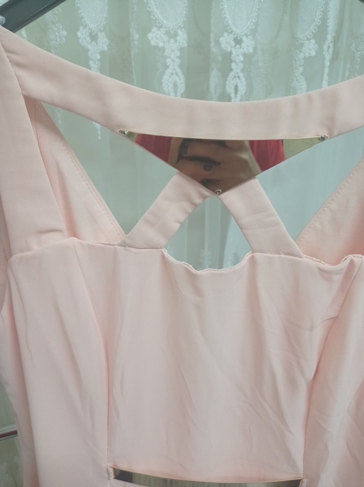 Pudra Pembe Uzun Askılı V Yaka Elbise - Görsel 5