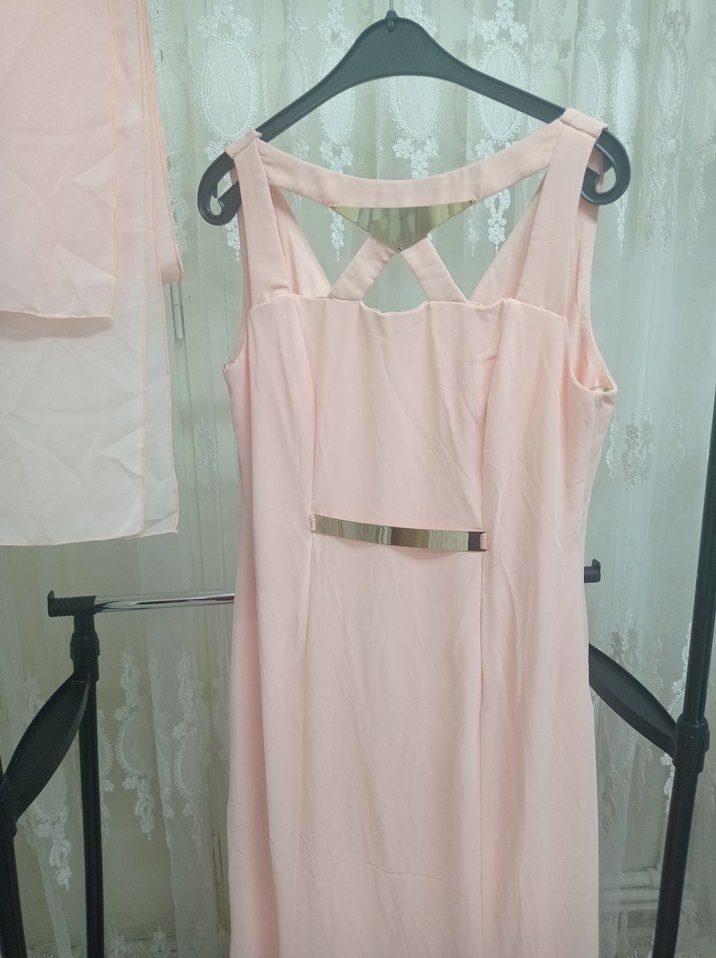 Pudra Pembe Uzun Askılı V Yaka Elbise - Görsel 3