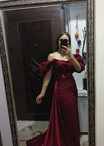 38 Beden Bordo Uzun Pul Payet Abiye Elbise