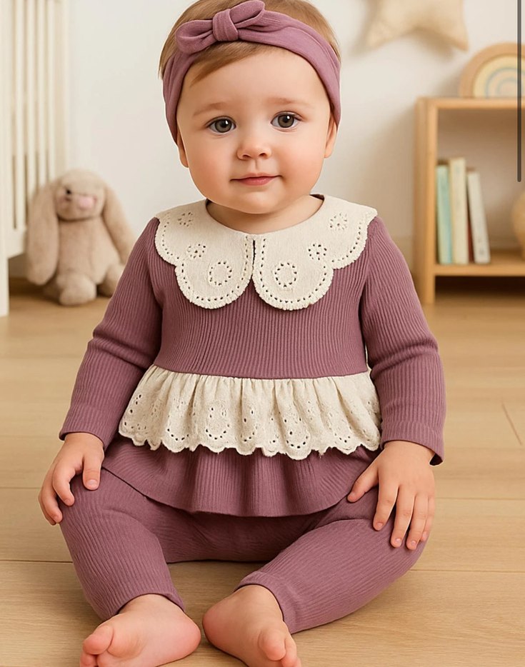 Mor Dantelli Uzun Kollu Bebek Kız Takımı - Görsel 2
