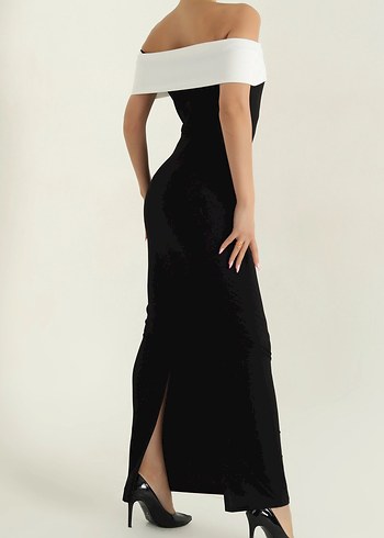 Siyah Drapeli Uzun Straplez Elbise - Görsel 4