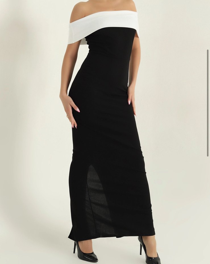 Siyah Drapeli Uzun Straplez Elbise - Görsel 2