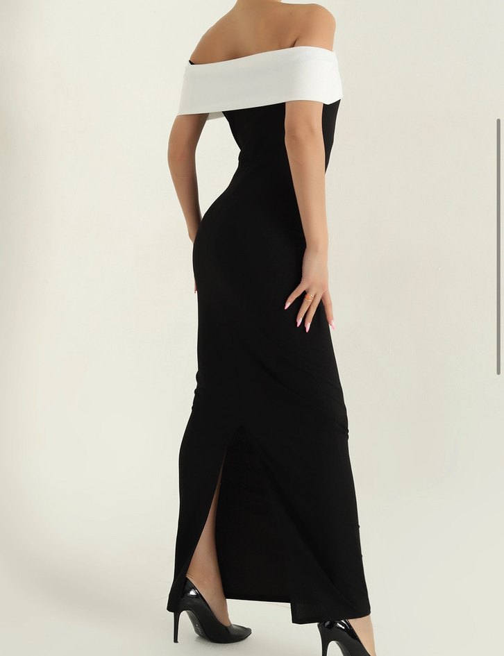 Siyah Drapeli Uzun Straplez Elbise - Görsel 4