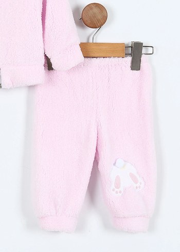 Nakışlı Peluş Kapüşonlu Pembe Bebek Takımı - Görsel 3