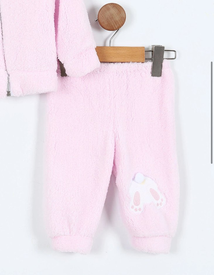 Nakışlı Peluş Kapüşonlu Pembe Bebek Takımı - Görsel 3