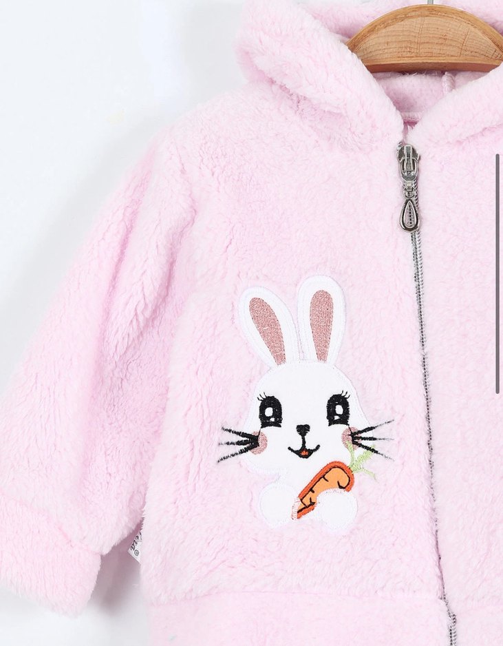 Nakışlı Peluş Kapüşonlu Pembe Bebek Takımı - Görsel 2