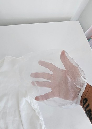 Beyaz Kız Çocuk Organze Kollu Tişört - Görsel 2