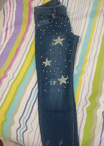 Mavi Payetli Nakışlı Kadın Jean tasli kot pantolon - Görsel 6