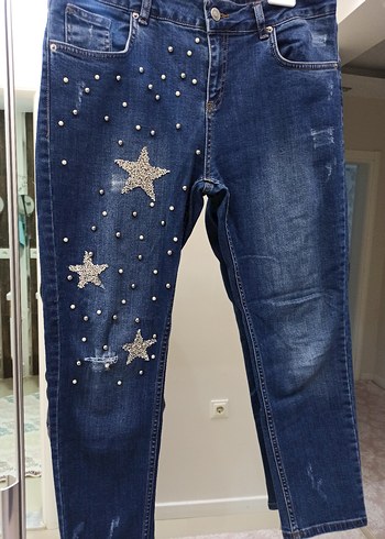 Mavi Payetli Nakışlı Kadın Jean tasli kot pantolon - Görsel 2