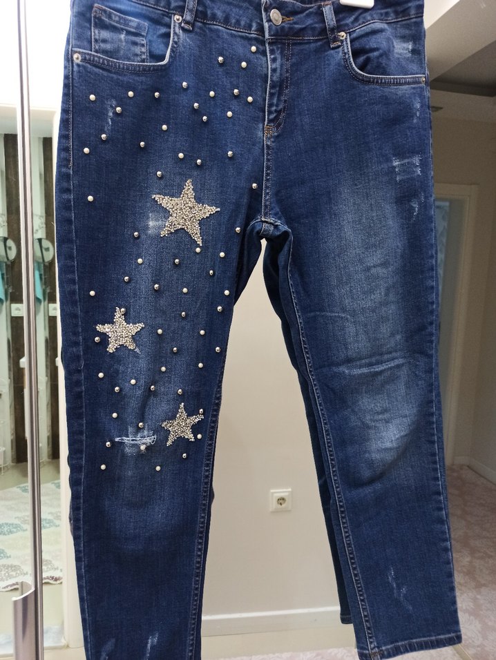 Mavi Payetli Nakışlı Kadın Jean tasli kot pantolon - Görsel 2