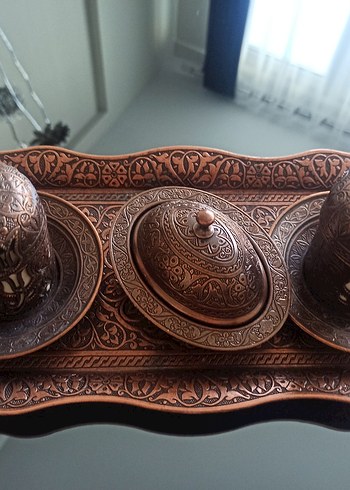 Kahverengi İşlemeli Bakır Türk Kahvesi Fincan Seti - Görsel 2